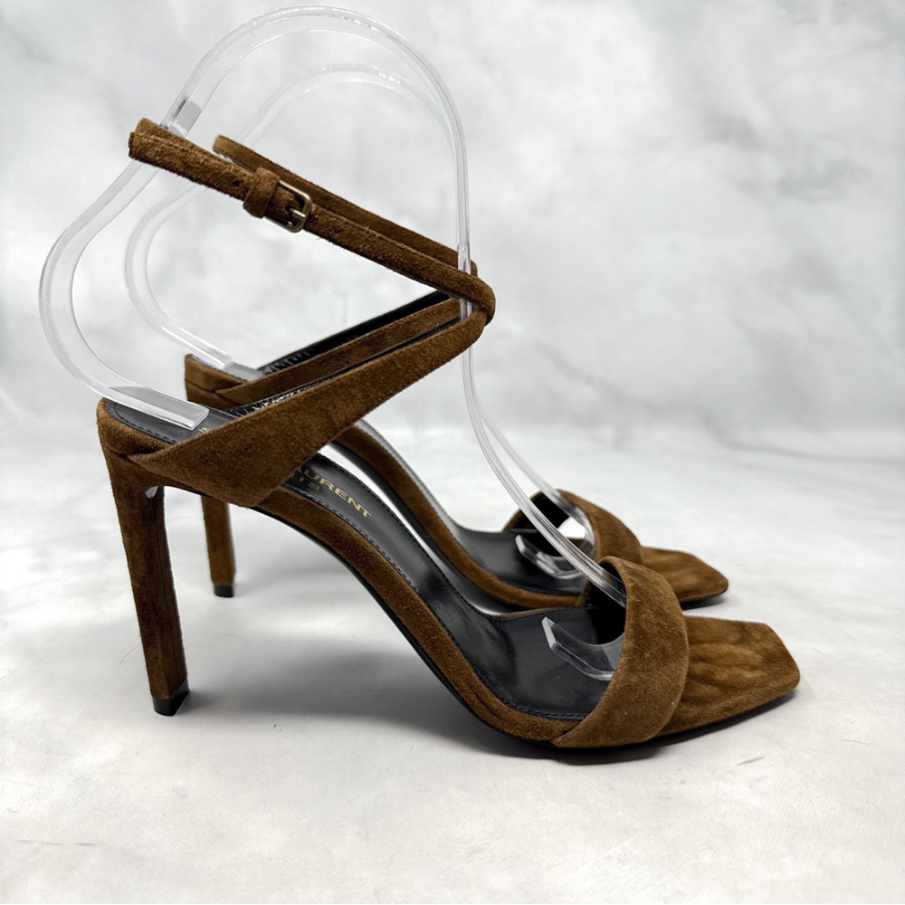 Saint Laurent Bea Bow Suede Square Toe Ankle Wrap Strap Sandal Heels Brown 37 - Picture 3 of 14